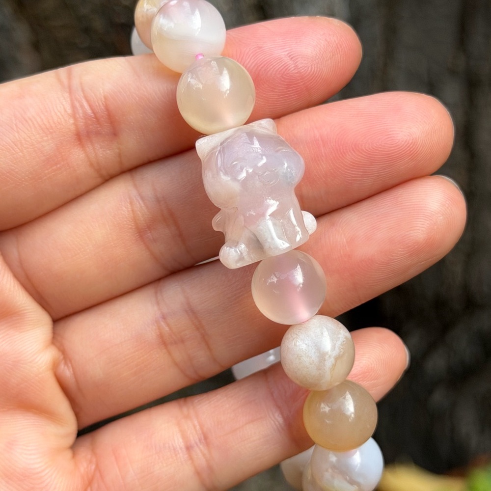 11mm stretchable cute cat flower agate bracelet‎ 0890